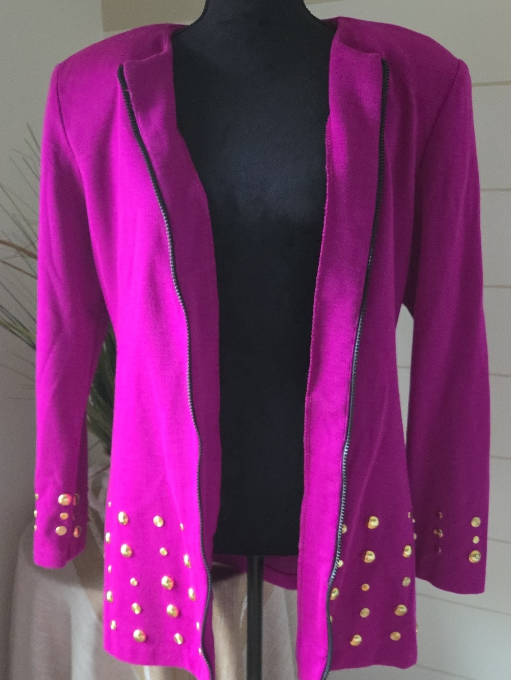 Magenta Studded Zip Up Colarless  Jacket Shoulder Pads 80s Vintage Power Blazer